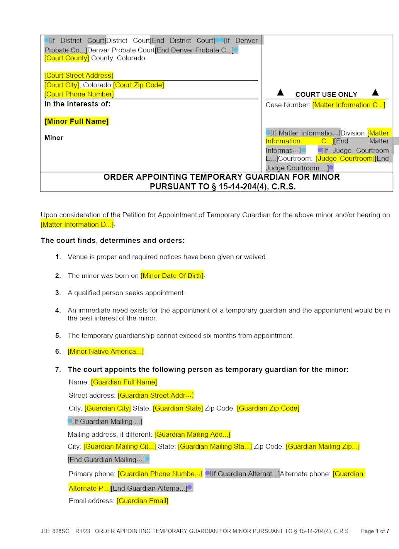 Order Appointing Temporary Guardian, Minor (JDF 828SC)