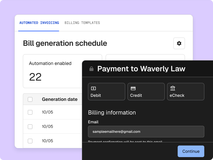 Automated invoicing screen with a bill generation schedule and an overlaid payment form for Waverly Law.