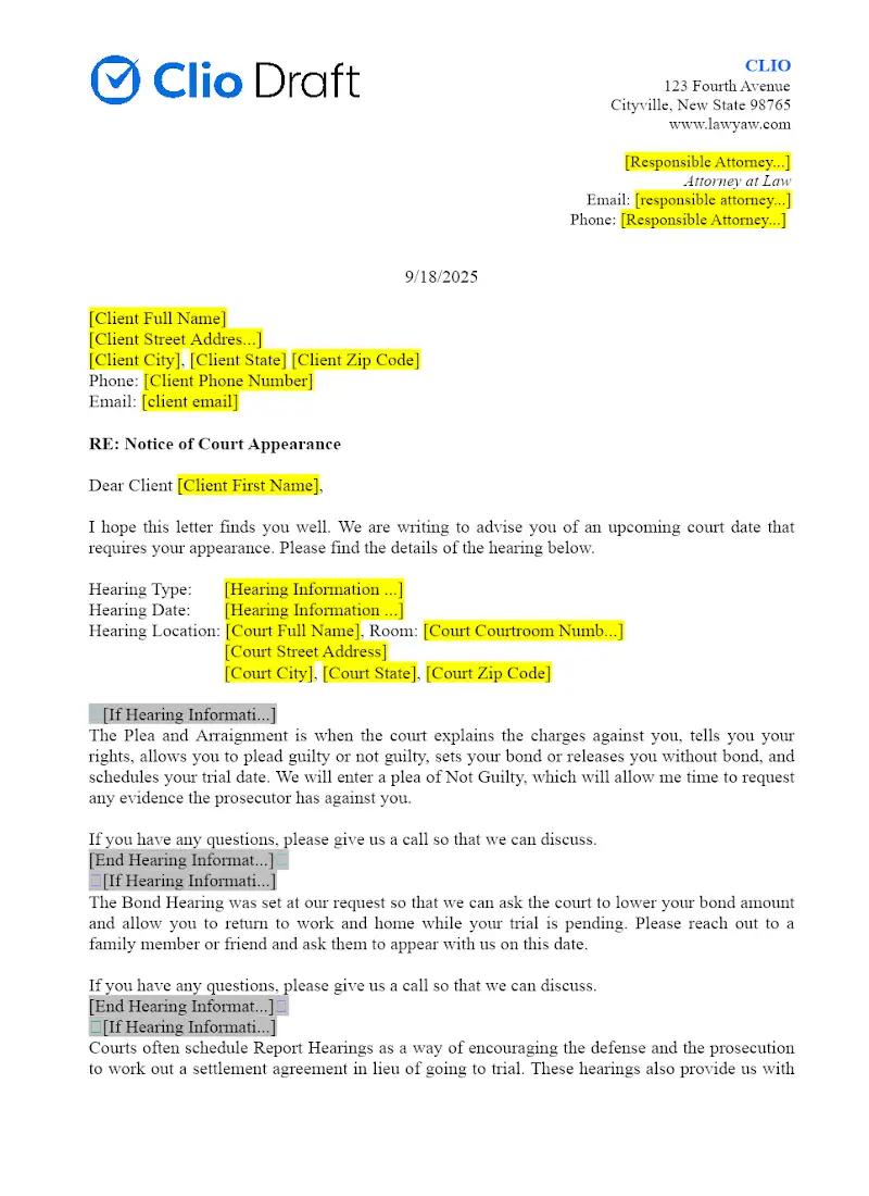 Letter re Notice of Court Appearance
