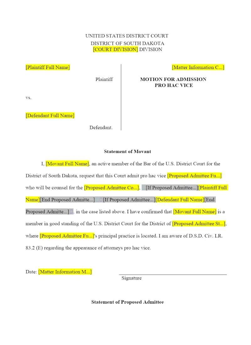 Motion for Admission Pro Hac Vice (USDC)