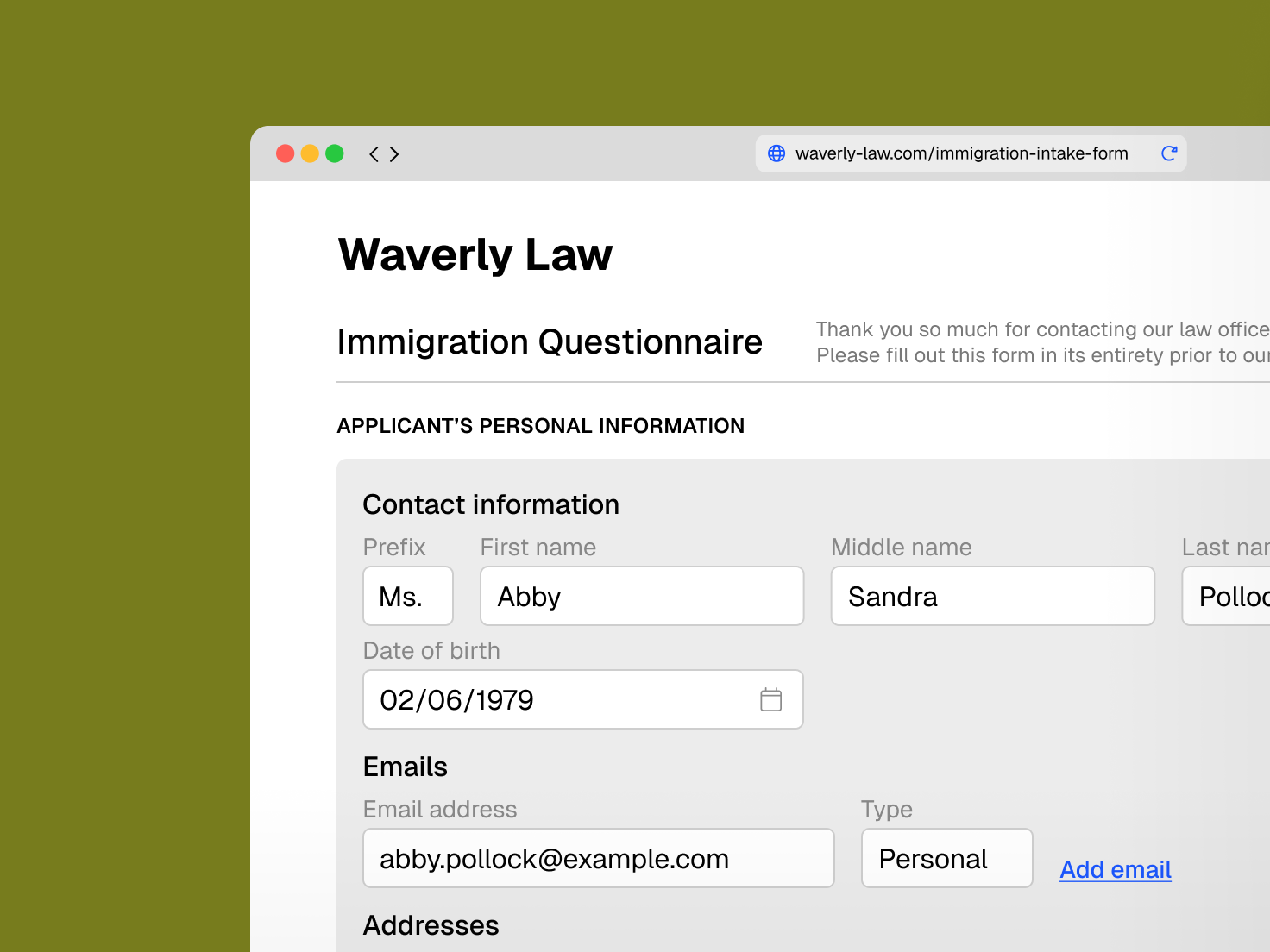 An online immigration questionnaire from Waverly Law showing filled-in personal details for 'Abby Sandra Pollock'.