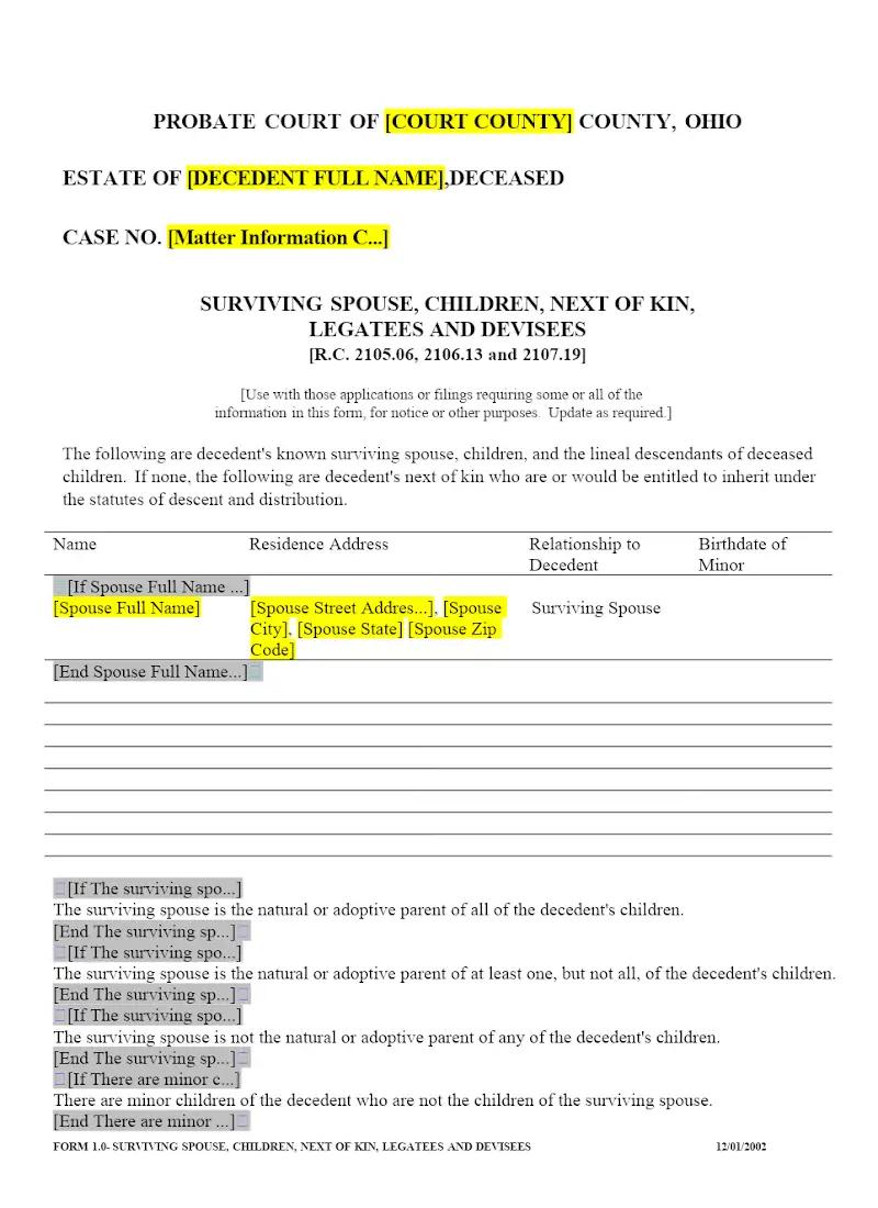 List of Heirs and beneficiaries (Form 1.0)