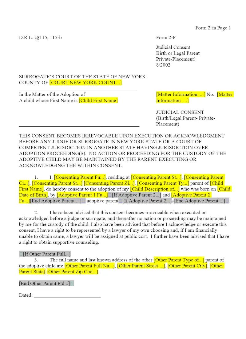 Judicial Consent (Birth or Legal Parent Private Placement) (2-F)