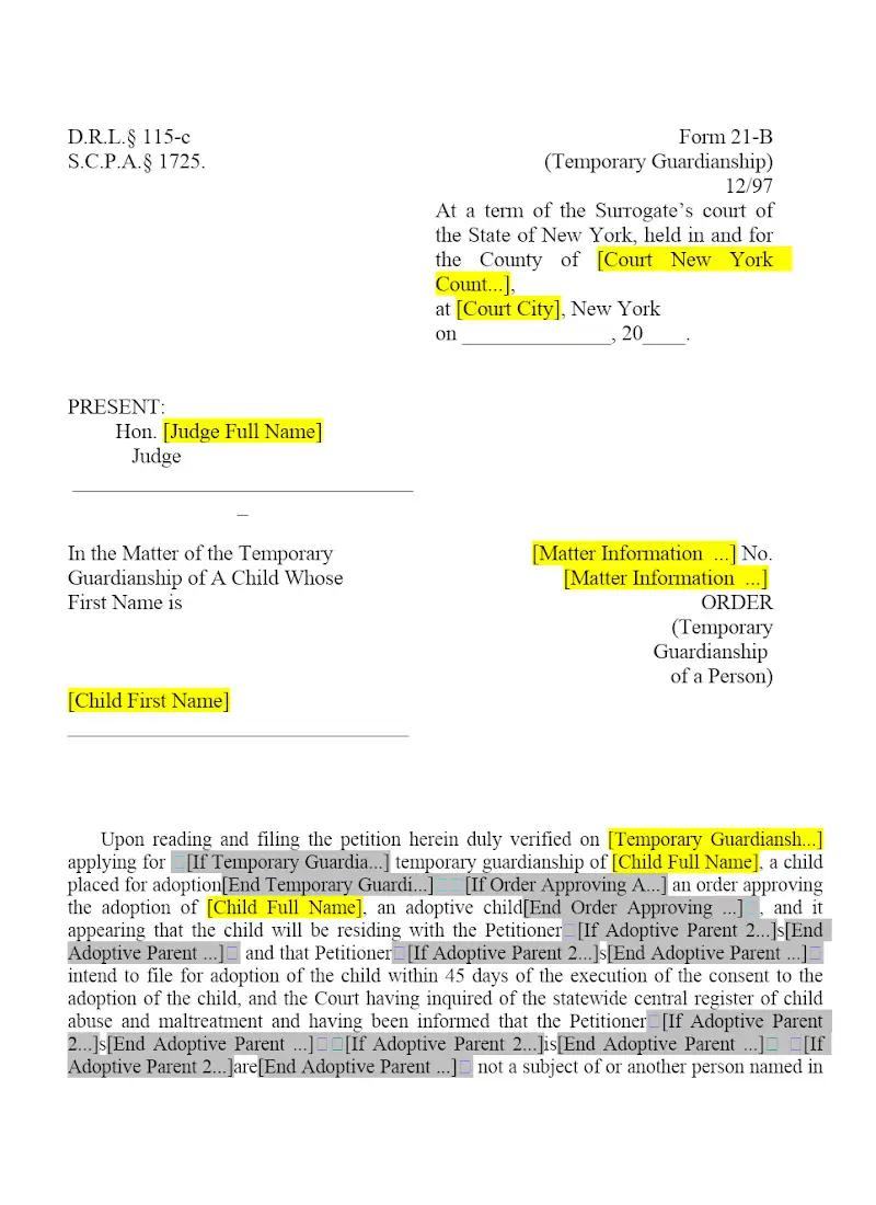 Order (Temporary Guardianship of the Person) (21-B)