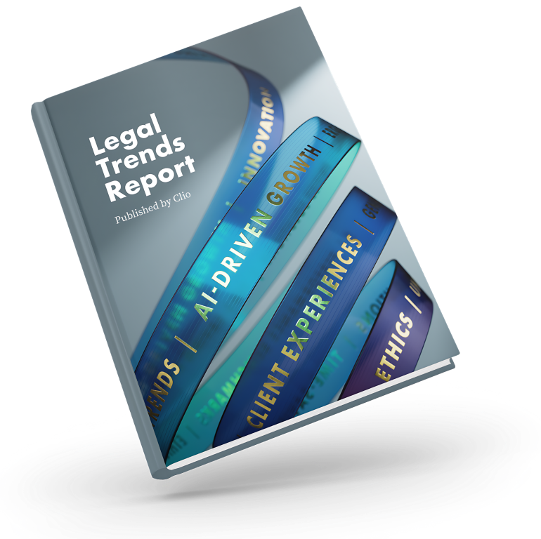 Legal Trends Report book cover by Clio, featuring ribbons with text: AI-DRIVEN GROWTH, CLIENT EXPERIENCES, and ETHICS.