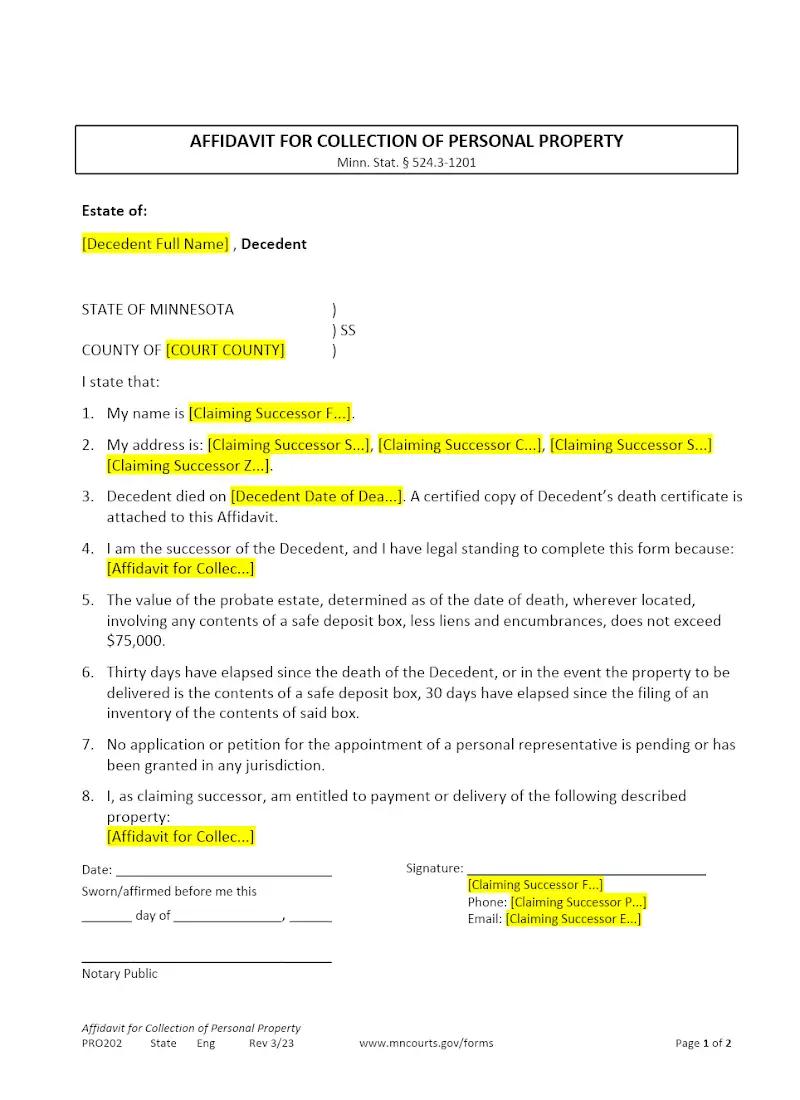 Affidavit for Collection of Personal Property (PRO202)