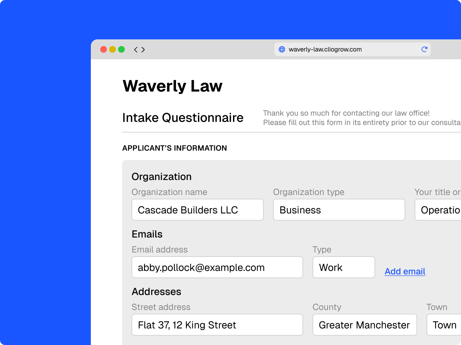 A web browser displaying a "Waverly Law Intake Questionnaire" with pre-filled fields for organization name, email, and address.