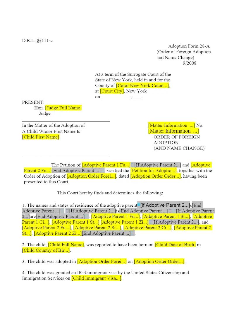 Order of Foreign Adoption and Name Change (28-A)