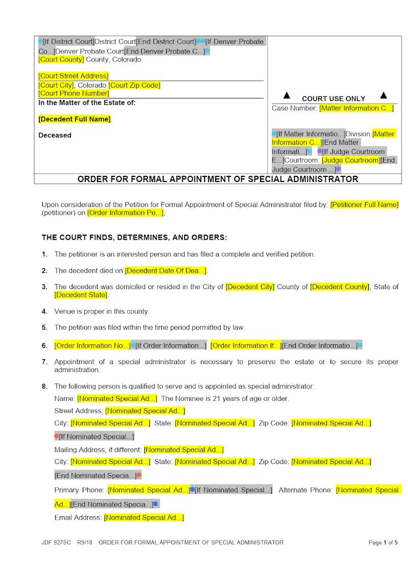 Order for Formal Appointment of Special Admin (JDF 927)