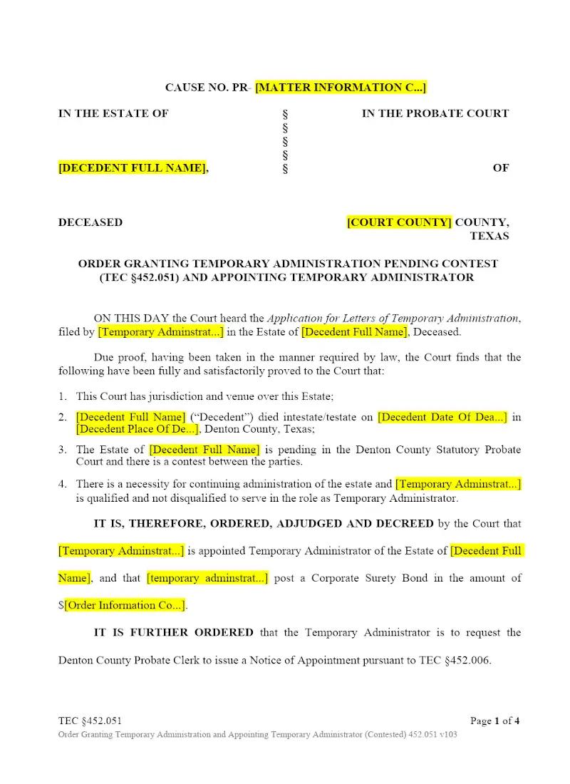Order Granting Temporary Admin Pending Contest (TEC 451.051)