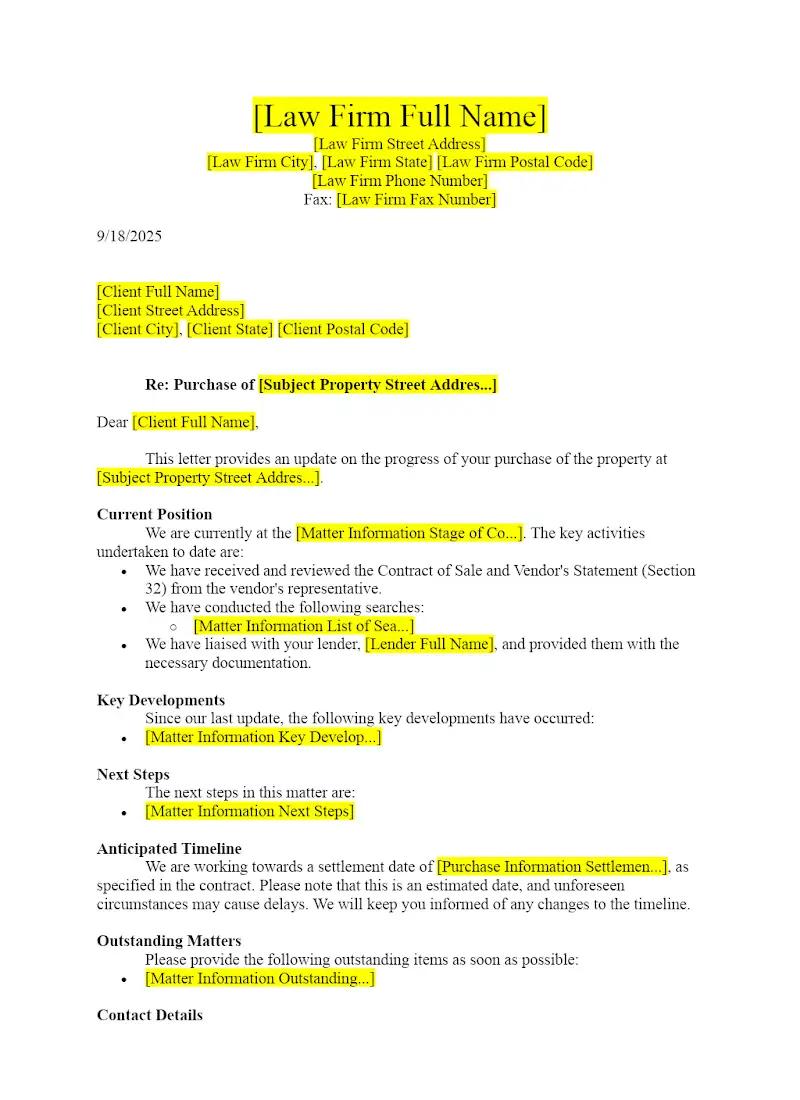 Client Status Update Letter (Conveyancing)