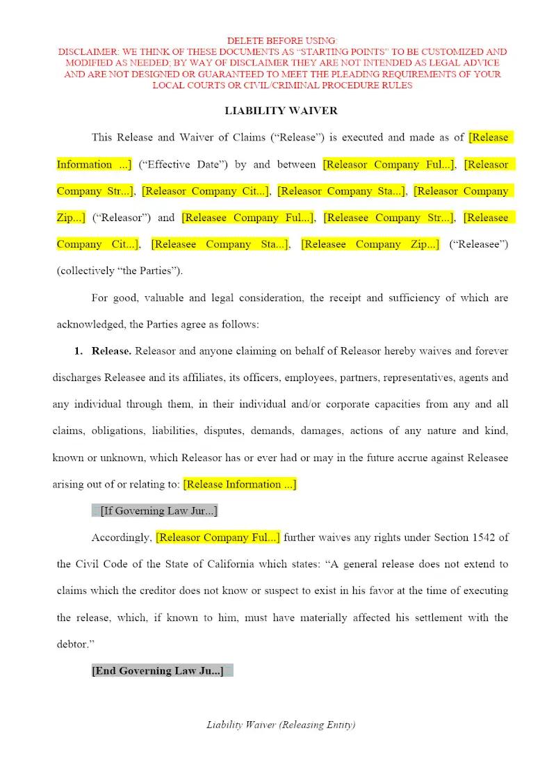 Liability Waiver (Releasing Entity)