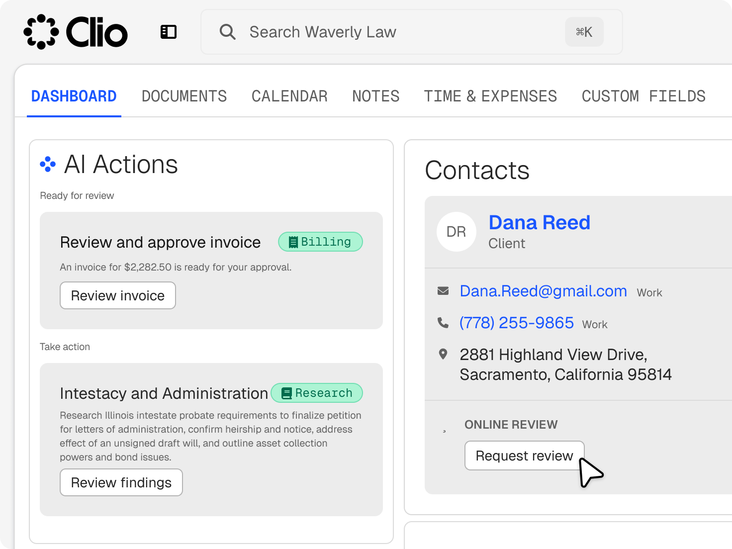 Clio dashboard showing AI actions for invoice review and legal research tasks, alongside a client contact card with a cursor hovering over the "Request review" button.