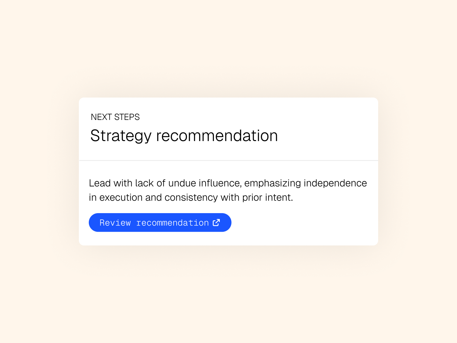 Strategy recommendation UI card with text about independence in execution and a "Review recommendation" button.