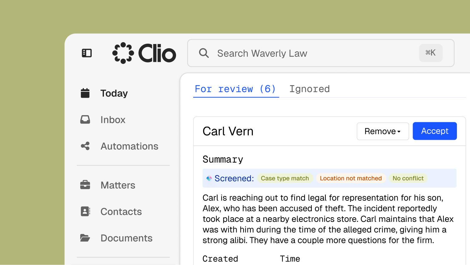 Clio legal software's client intake screen displaying details for Carl Vern's son accused of theft, including screening results and "Accept"/"Remove" buttons.