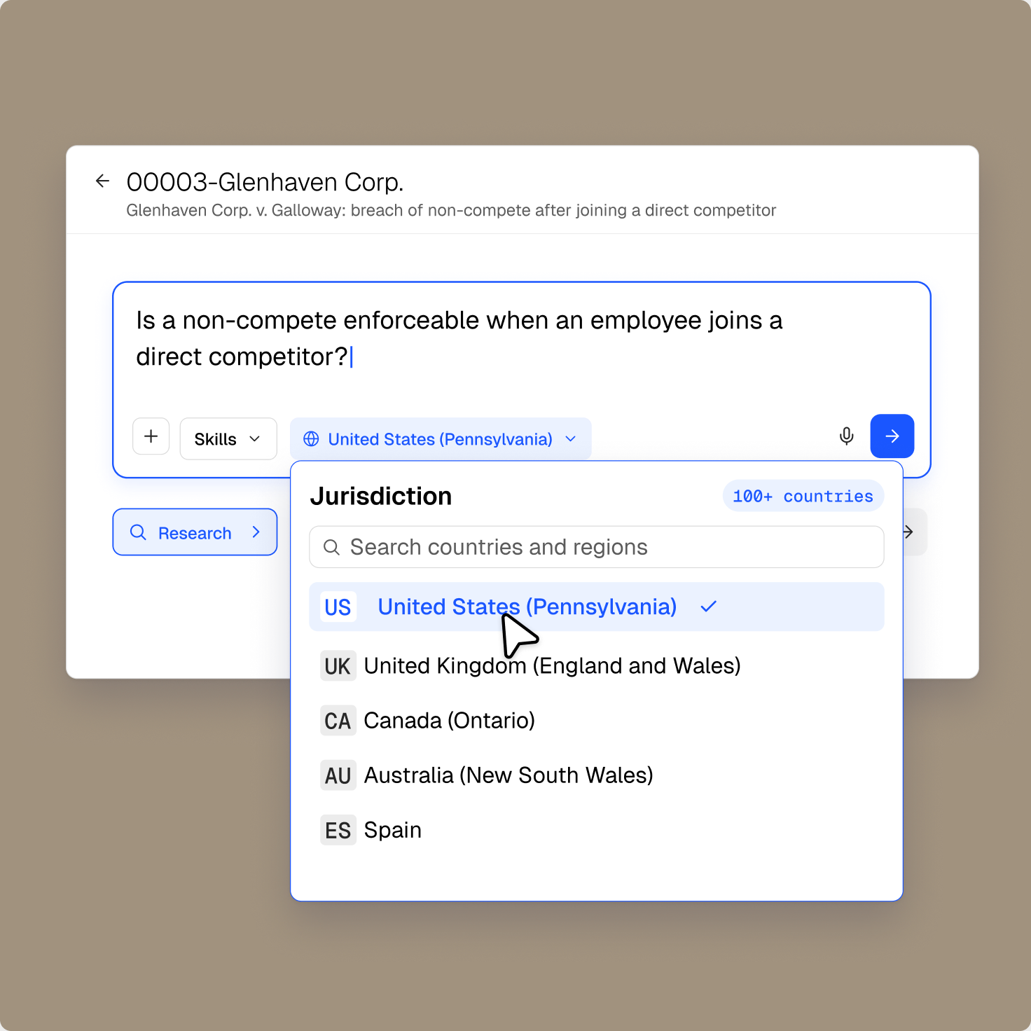 A Vincent research prompt on non-compete enforceability, with the jurisdiction picker set to United States (Pennsylvania).