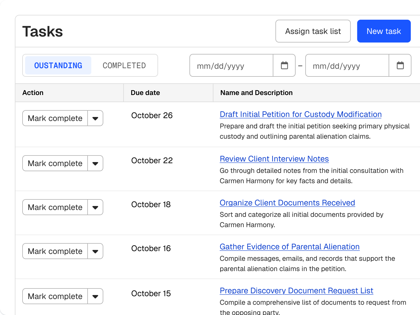 A "Tasks" user interface displaying a list of outstanding legal tasks, each with a due date, description, and an action to mark it complete.