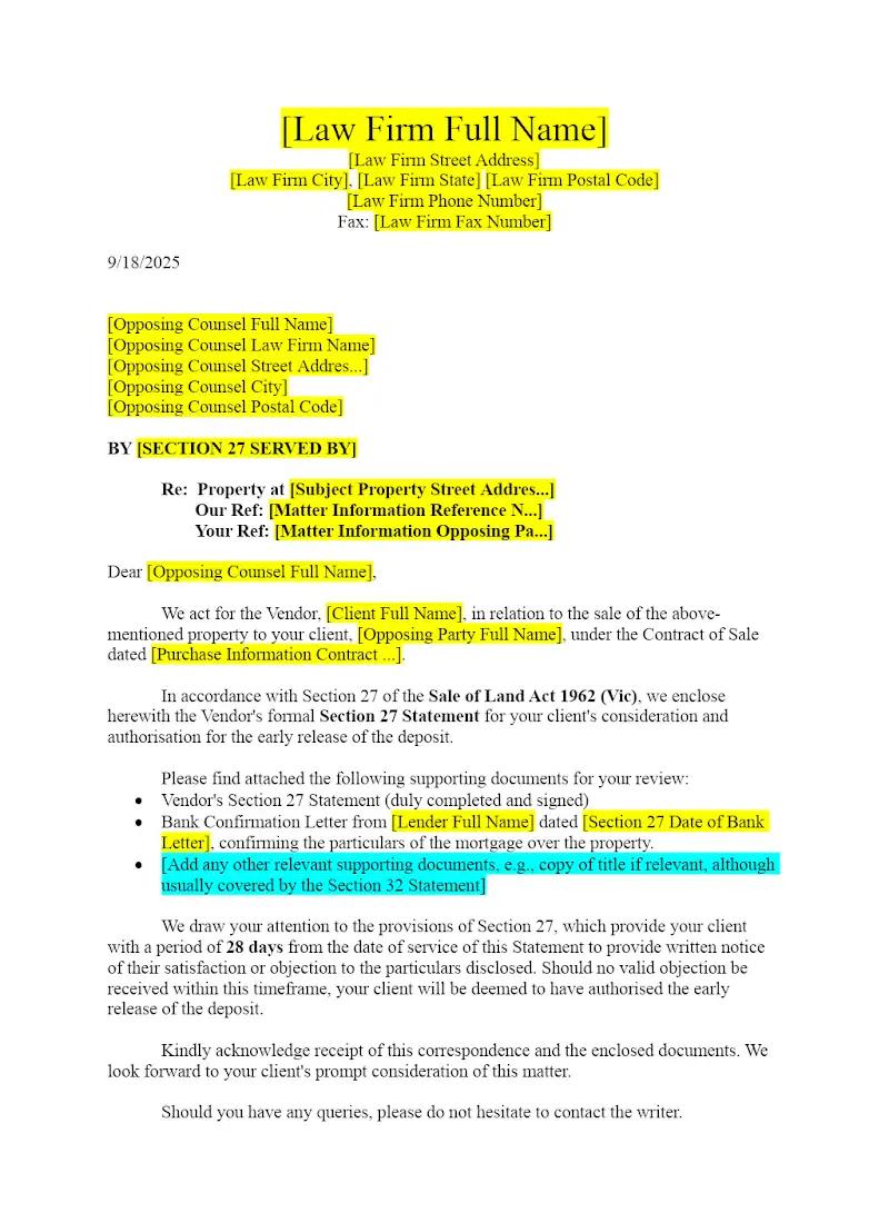 Letter Enclosing Section 27 Statement