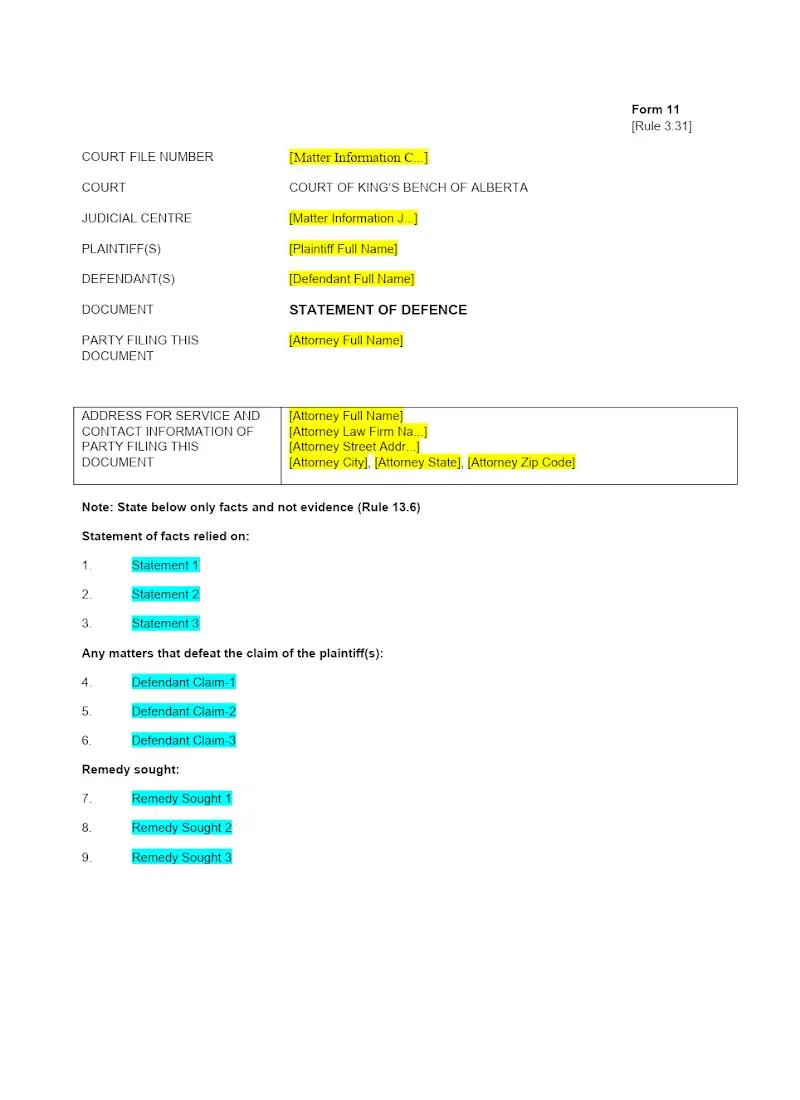 Statement of Defence (Form 11)