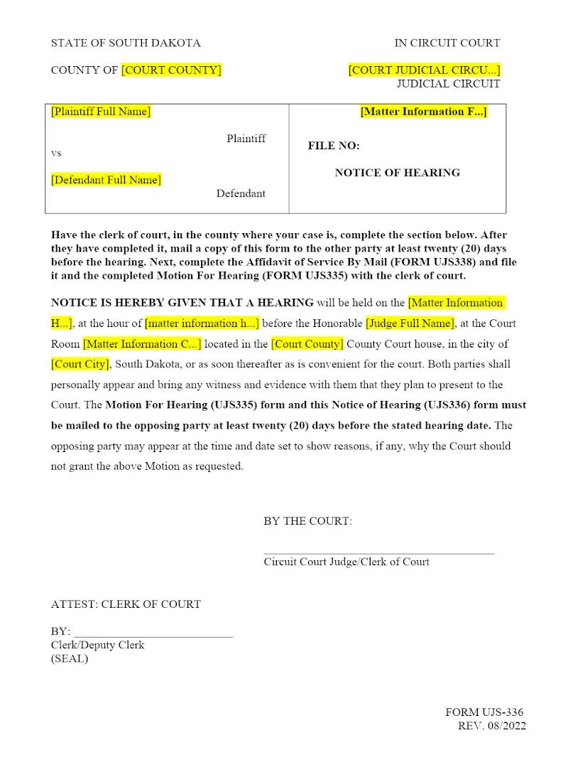 Notice of Hearing (UJS 336)