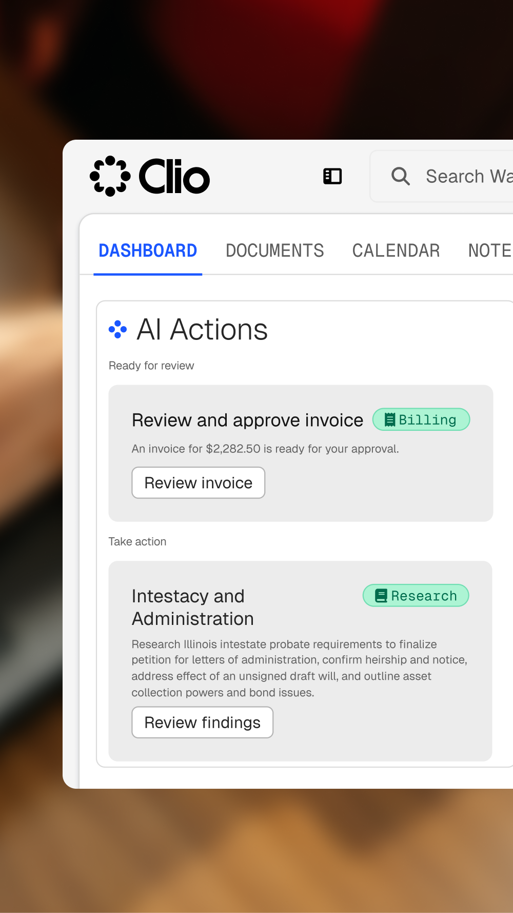 Clio legal software dashboard displaying AI Actions for reviewing an invoice and legal research.