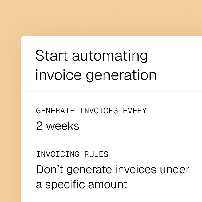 UI for automating invoice generation, displaying settings to generate invoices every 2 weeks and not generate them under a specific amount.