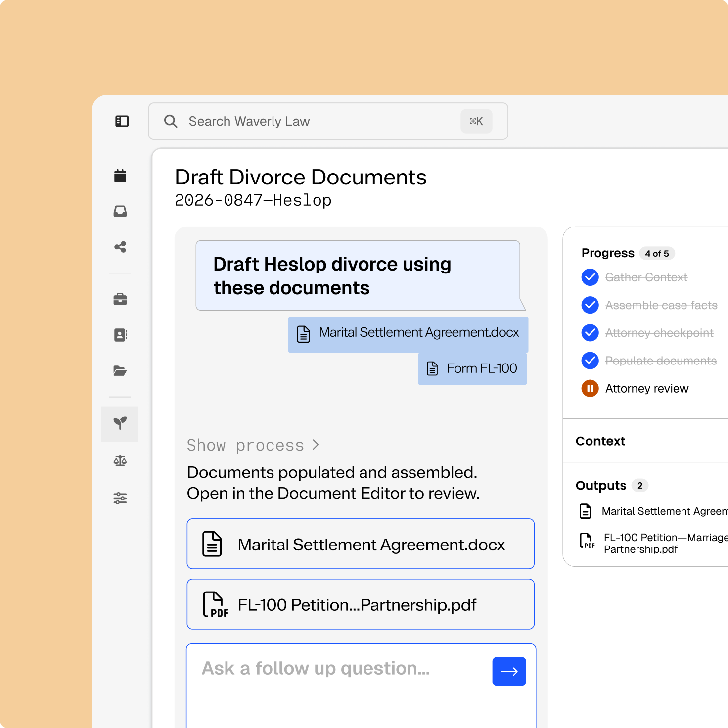 Legal AI interface for drafting divorce documents, showing populated forms and a progress tracker.