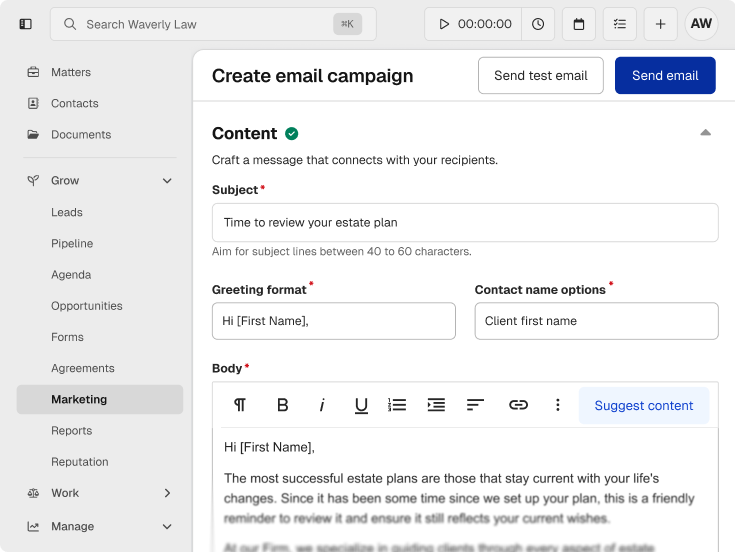 A software interface for creating an email campaign, showing fields for subject, greeting, and body text.
