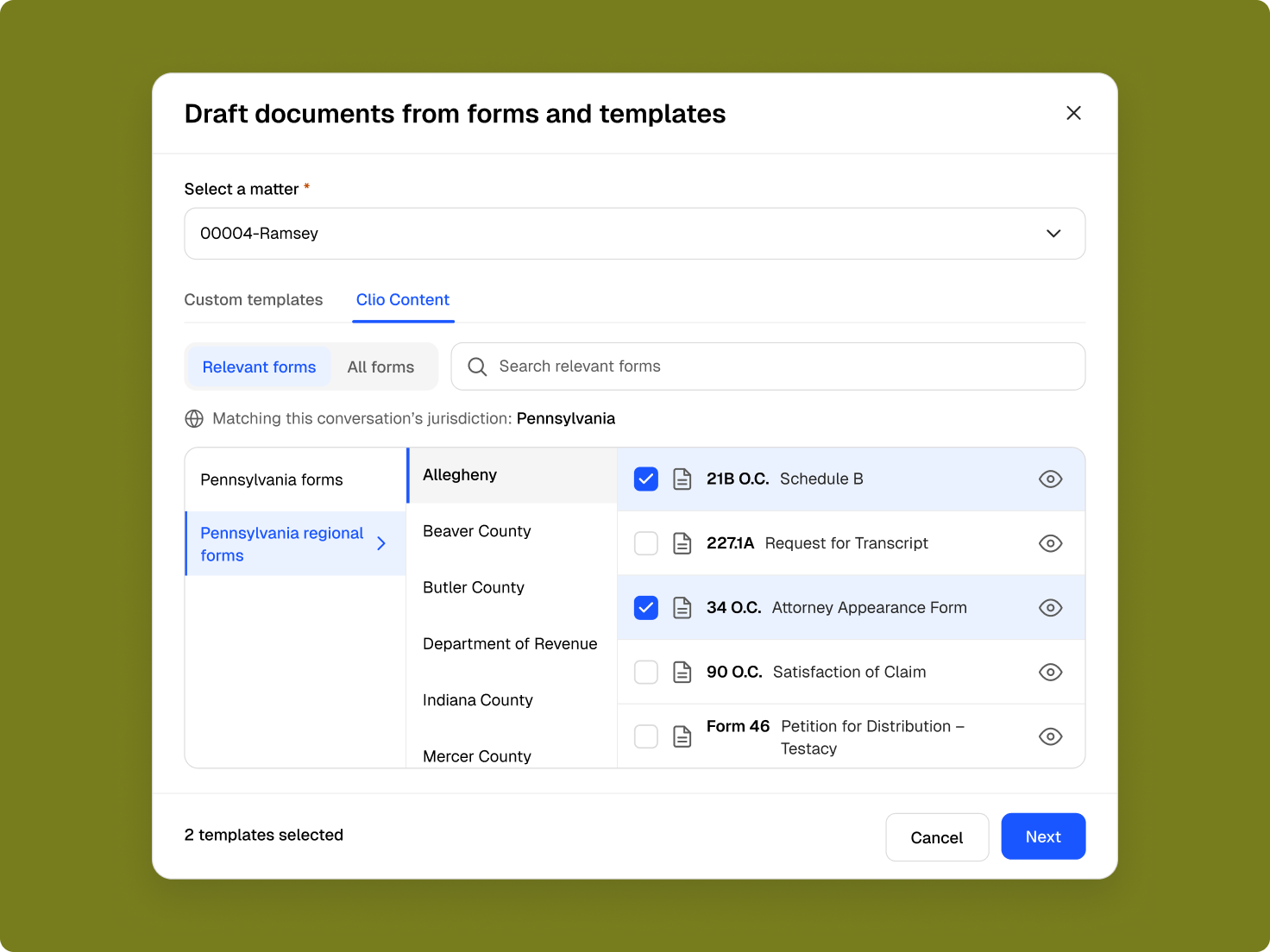A software interface for drafting documents, showing the selection of two legal forms from a list filtered by Pennsylvania regional content and Allegheny County.