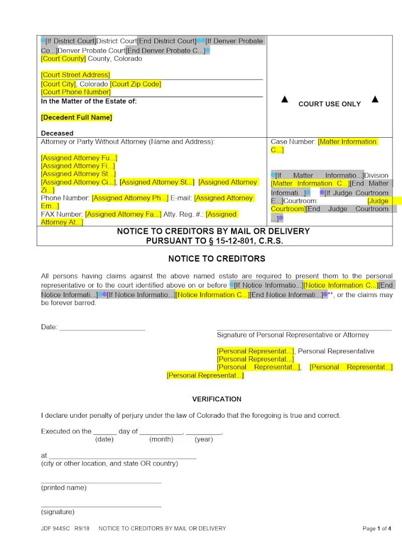 Notice to Creditors by Mail or Delivery (JDF 944)