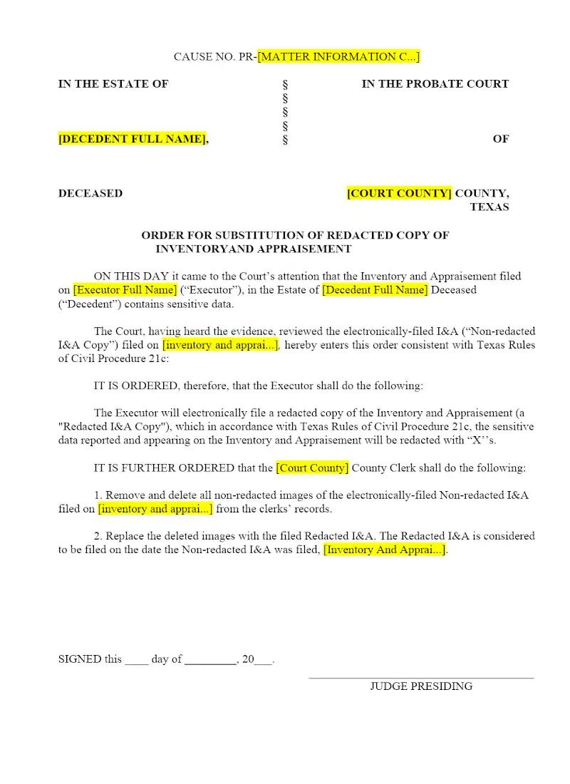 Order for Substitution of Redacted Inventory