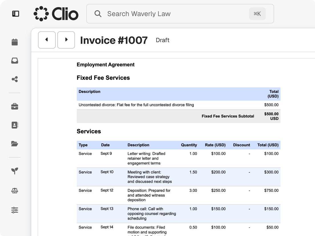 A Clio software invoice (Invoice #1007) displaying fixed fee and itemized legal services.