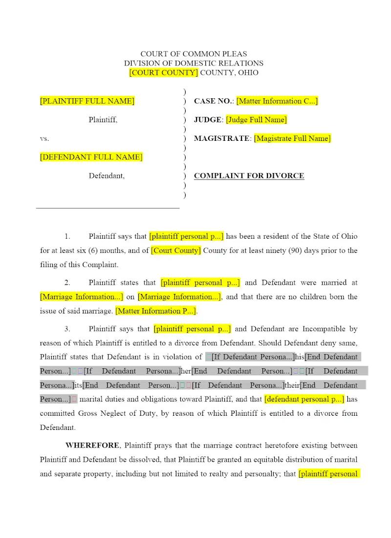 Complaint for Divorce (no kids)
