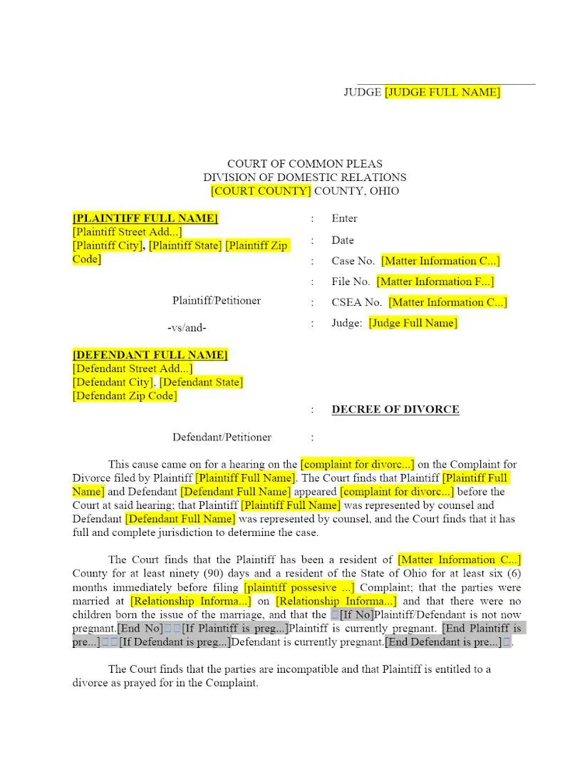Decree of Divorce, No Children