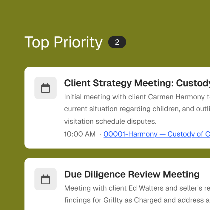 UI showing 'Top Priority (2)' with two meeting cards: 'Client Strategy Meeting: Custody' and 'Due Diligence Review Meeting'.