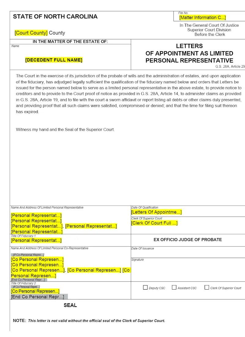 Letters of Appointment as Limited PR (AOC-E-420)