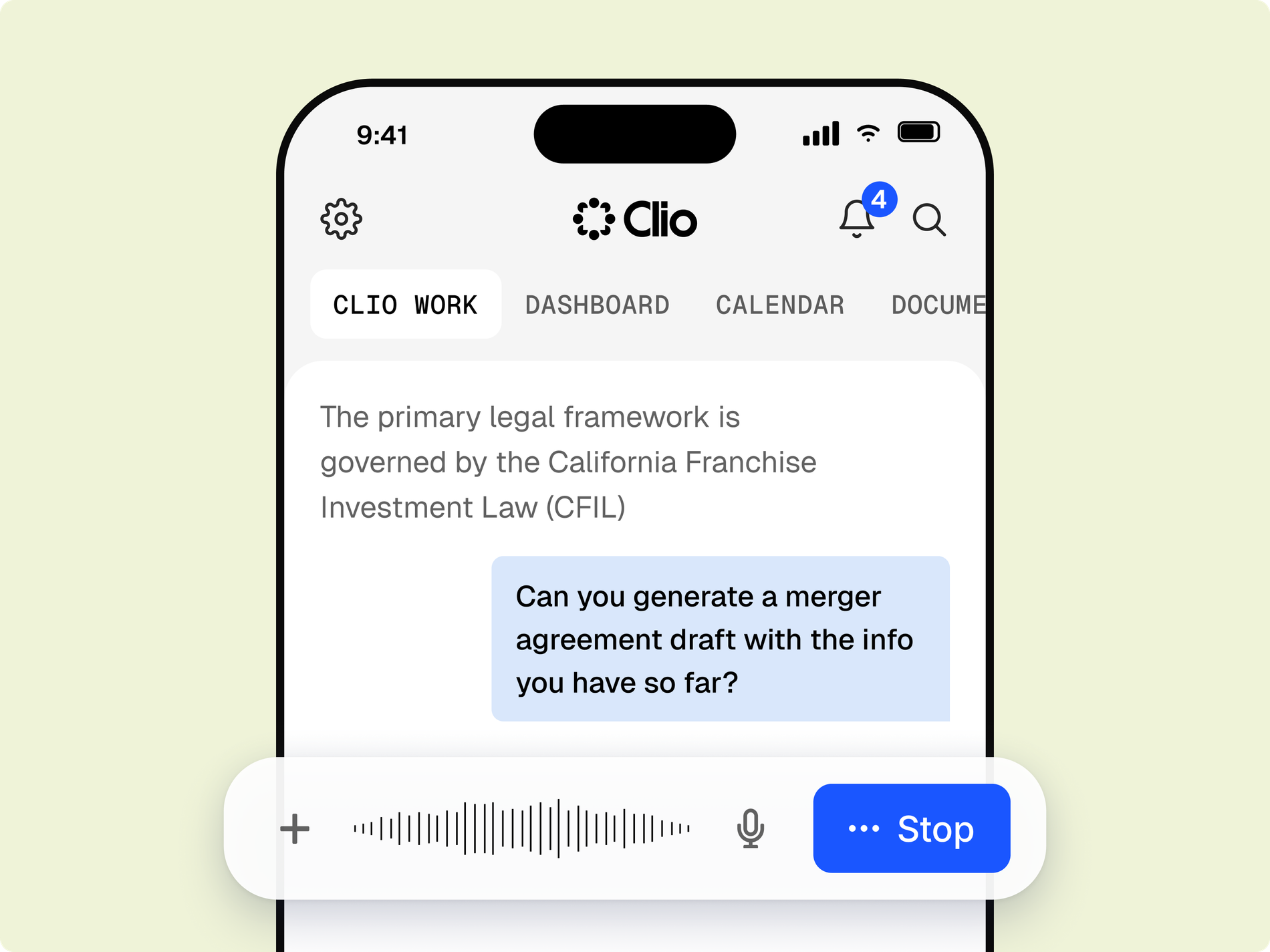 Mobile phone showing Clio app's AI chat, requesting a merger agreement draft with a voice input waveform.