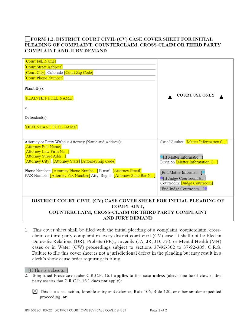 Civil Cover Sheet (JDF 601SC)