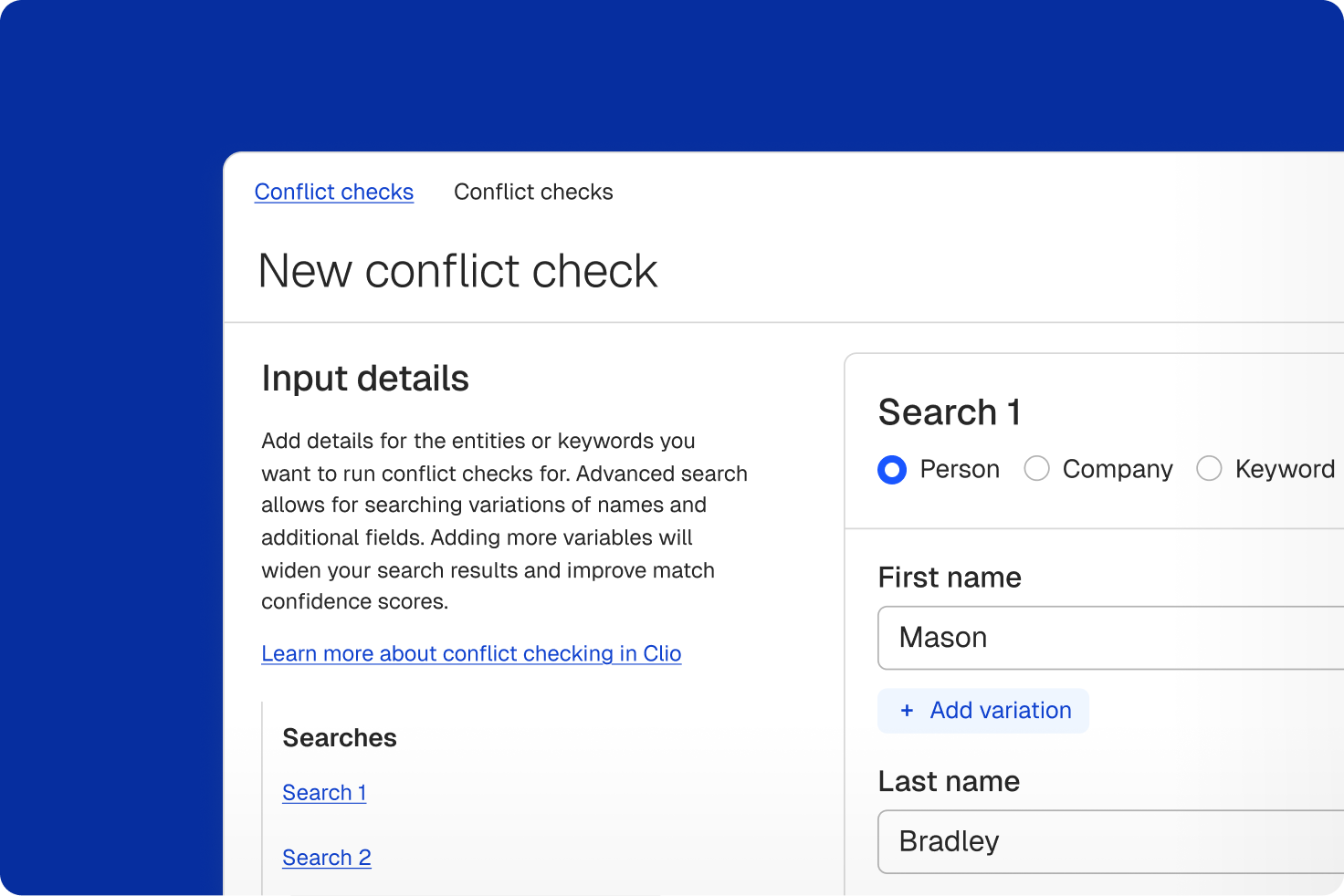 A software interface displaying a "New conflict check" form with input fields for "First name: Mason" and "Last name: Bradley."