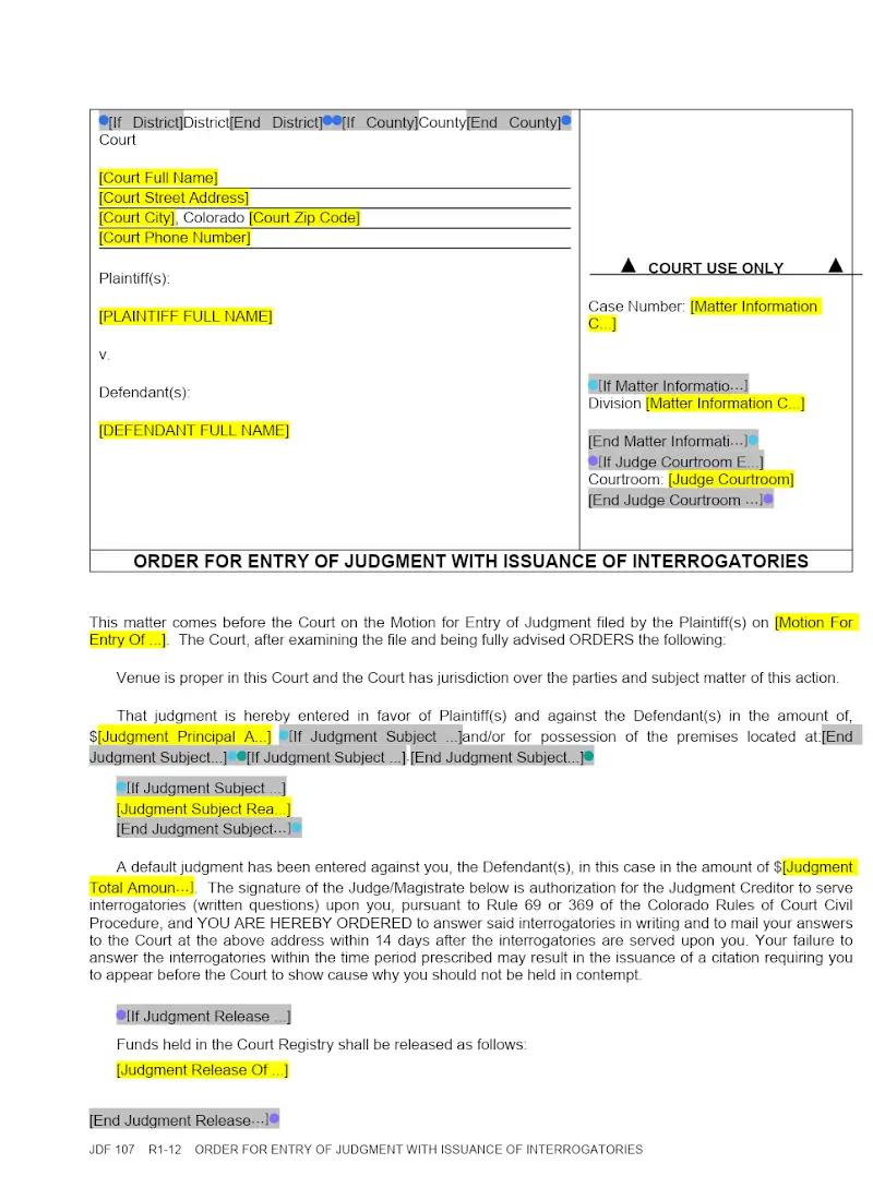 Order for Entry of Judgment with Issuance of ROGs (JDF107)
