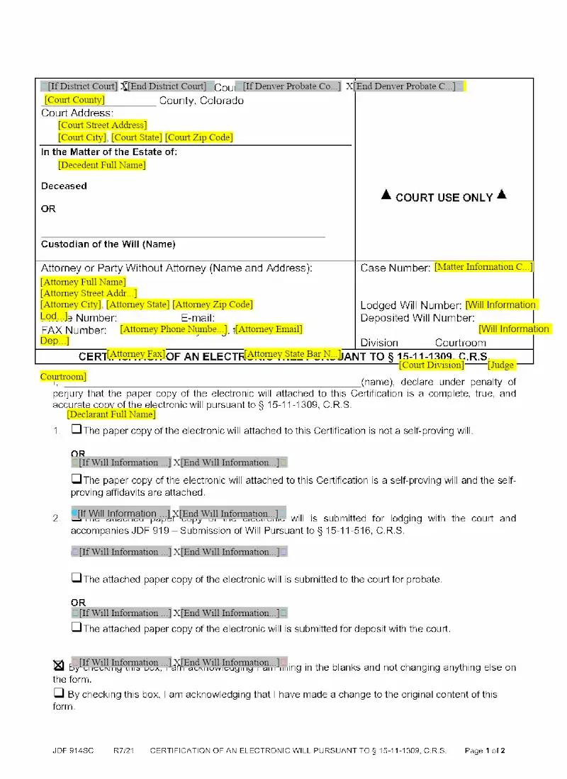 Certification of Electronic Will (JDF 914)