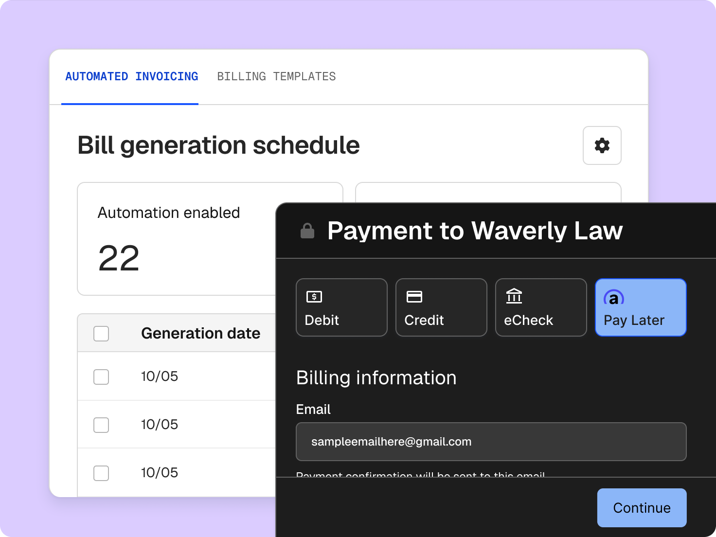 A screenshot of an automated invoicing dashboard with a bill generation schedule and an overlapping payment modal showing options like Debit, Credit, eCheck, and Pay Later.
