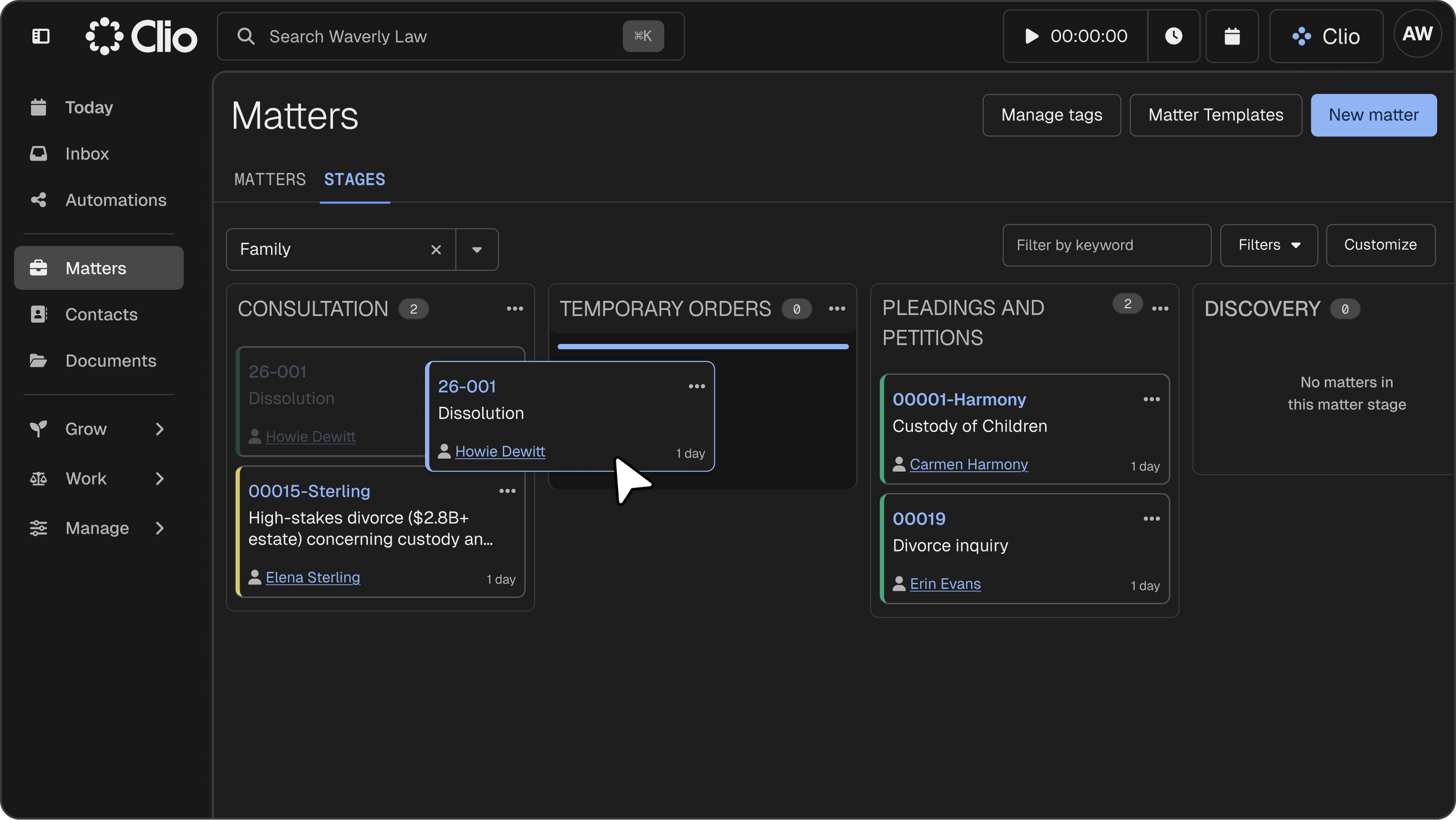 Clio legal software in dark mode, showing a "Matters" Kanban board, as a user drags a "26-001 Dissolution" case from "CONSULTATION" to "TEMPORARY ORDERS."