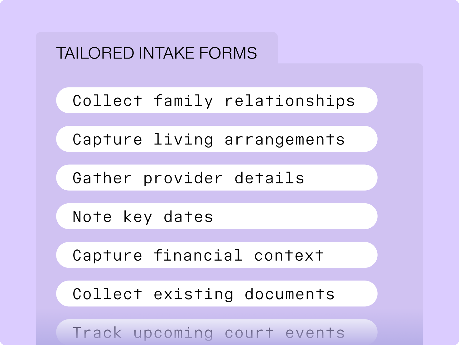 Tailored intake form fields for family relationships, living arrangements, provider details, key dates, and finances.