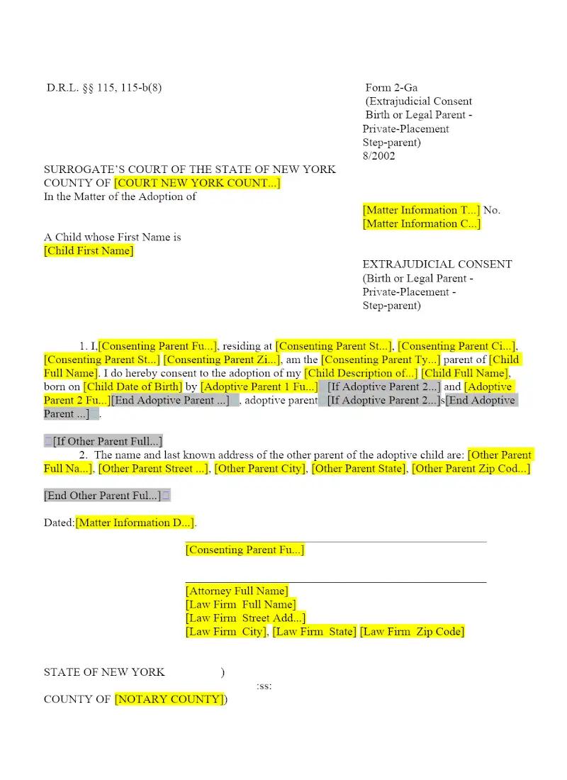 Extra-Judicial Consent (Birth or Legal Parent - Private Placement Step-Parent) (2-Ga)