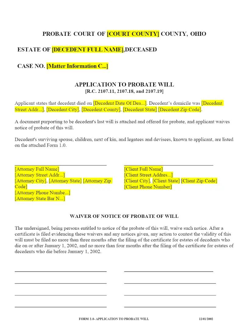 Application to Probate Will (Form 2.0)