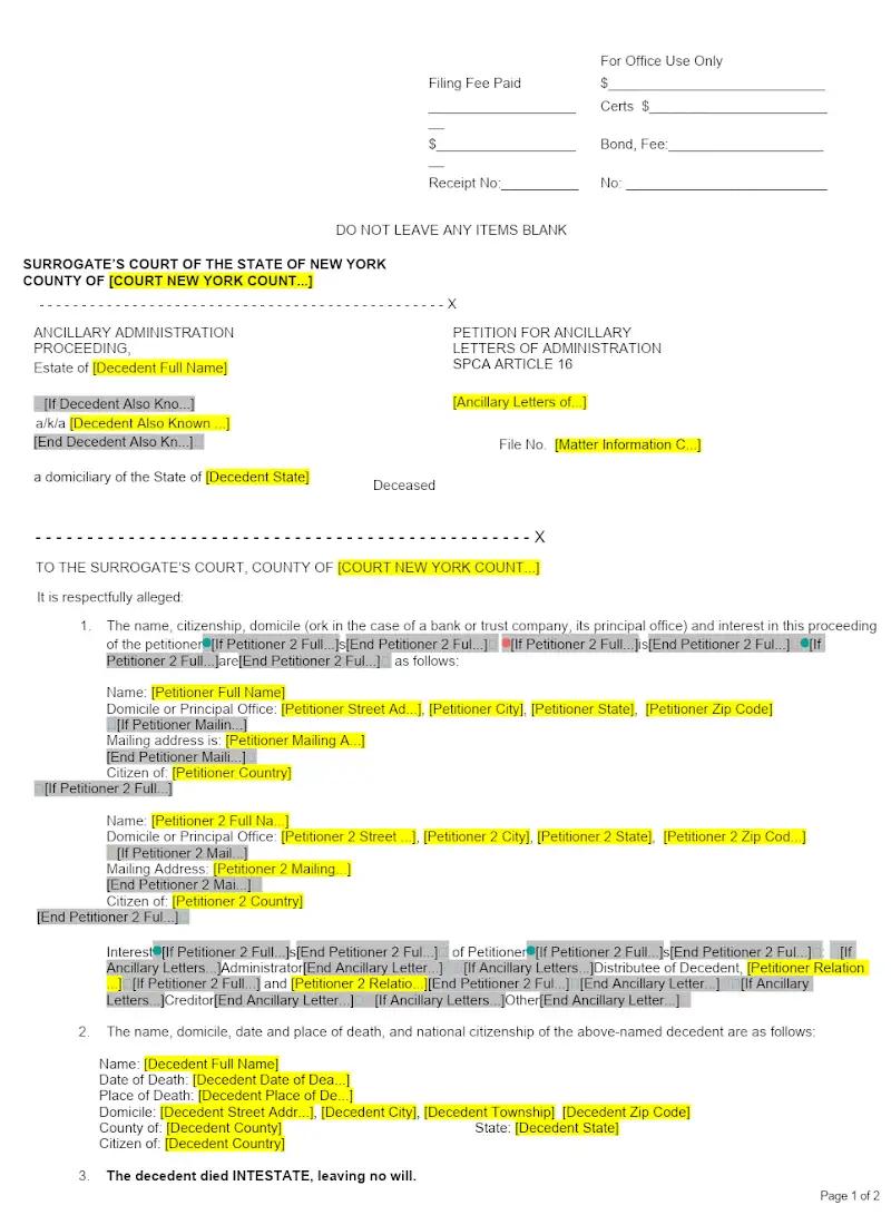 Petition for Ancillary Letters of Administration