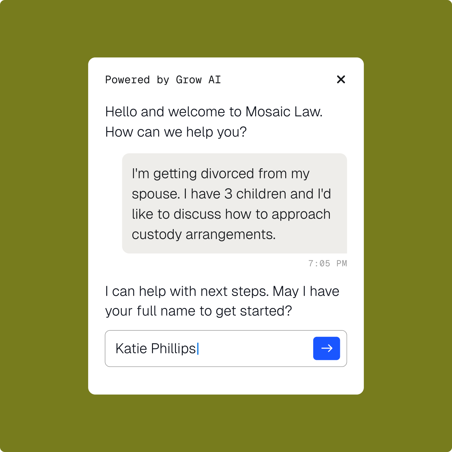 AI chat assistant welcoming a client to Mosaic Law and asking for their name to get started.