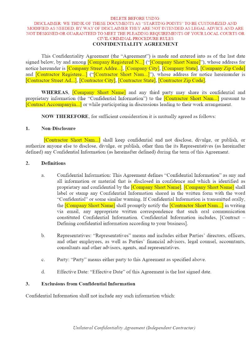Confidentiality Agreement (Independent Contractor)