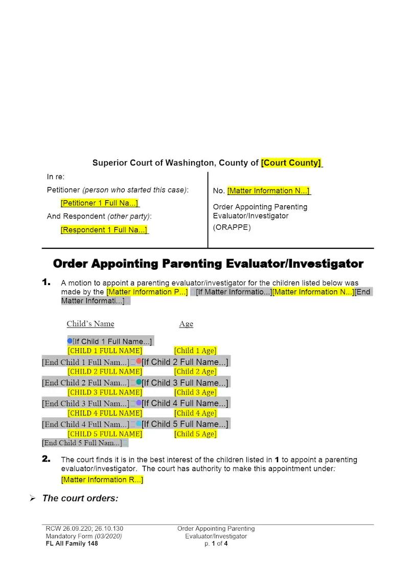 Order Appointing Parenting Evaluator or Investigator (Form FAM 148)